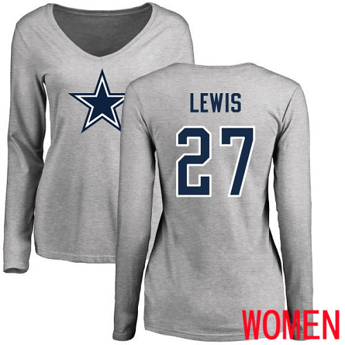 Women Dallas Cowboys Ash Jourdan Lewis Name and Number Logo Slim Fit #27 Long Sleeve Nike NFL T Shirt
